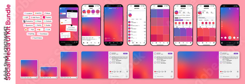 Social Media UI Kit Bundle: Mobile App Screens, Post Frames and Stories Sticker Templates Mockup Set
