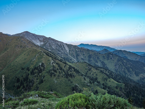 Canvastavla Landscape Kazachstan, NATURE, mountain trees, river grees , clubs,, blue, peak,