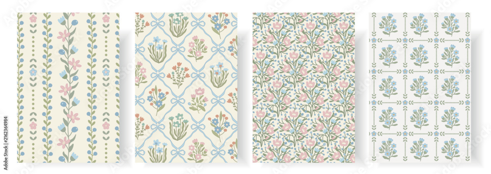 Naklejka premium Set of four seamless pastel floral patterns with flowers, leaves, berries, bows and decorative frames. Elegant vector collection for textile, wallpaper, wrapping paper, stationery and home decor.