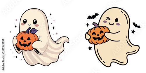 Halloween Ghosts with Jack O Lantern Pumpkins Spooky Vector Illustration