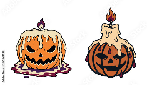 Halloween Jack O Lantern Pumpkins Melting Candle Jack o Lantern with Spooky Faces Vector 