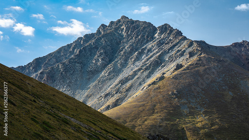 Landscape Kazachstan, NATURE, mountain trees, river grees , clubs,, blue, peak, 