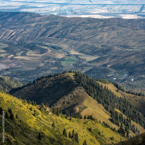 Obraz na plátne Landscape Kazachstan, NATURE, mountain trees, river grees , clubs,, blue, peak,