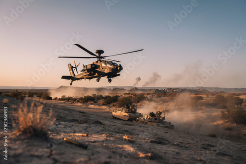 An ah-64 apache attack helicopter flying over a desert landscape with military vehicles kicking up dust during a tactical training exercise at sunset