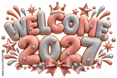 Festive 'Welcome 2027' 3D art with plush letters, metallic shine, confetti, stars, and a crown, perfect for new year celebrations and hopeful messages