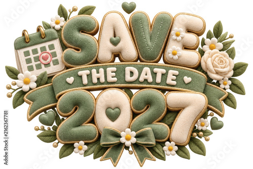 Elegant 3D Save the Date 2027 Typography with Floral Decorations and Calendar Icon in Sage Green and Cream Colors