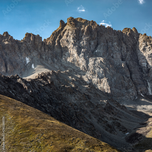 Bild auf Leinwand Landscape Kazachstan, NATURE, mountain trees, river grees , clubs,, blue, peak,