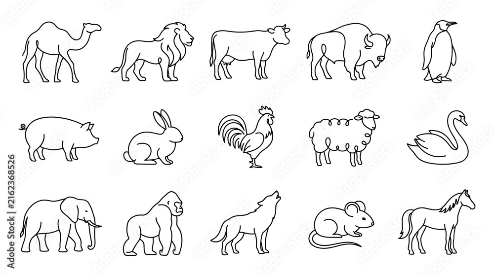 Obraz premium Black outline animal set featuring diverse species for education use.