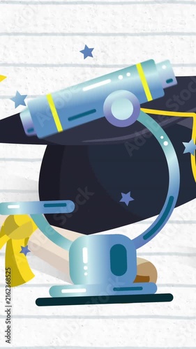 Animation of microscope, certificate and graduation hat on ruled paper background