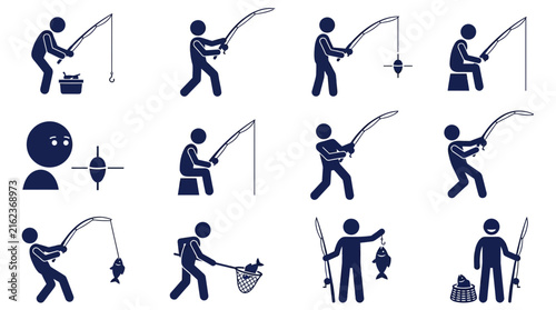 Fishing stick figure icons showing various fisherman activities