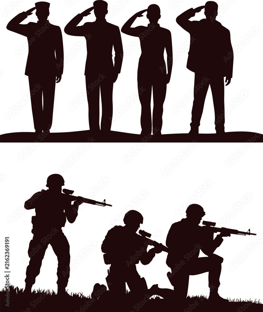 Obraz premium Military soldiers salute and combat squad vector silhouette set, army troopers infantry squad tactical weapon collection