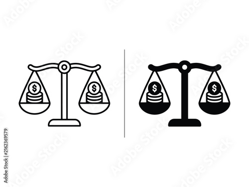 Financial Balance Scale with Coins Outline and Filled Vector Icon, Money Equality and Economic Justice Symbol