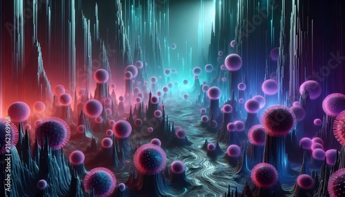 A futuristic 3D abstract landscape where the ground and cliffs are made of giant viral protein spikes, illuminated by atmospheric neon purple and cyan glow in dark mode aesthetics, Ai generated image