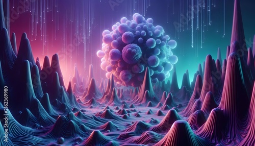 A futuristic 3D abstract landscape where the ground and cliffs are made of giant viral protein spikes, illuminated by atmospheric neon purple and cyan glow in dark mode aesthetics, Ai generated image