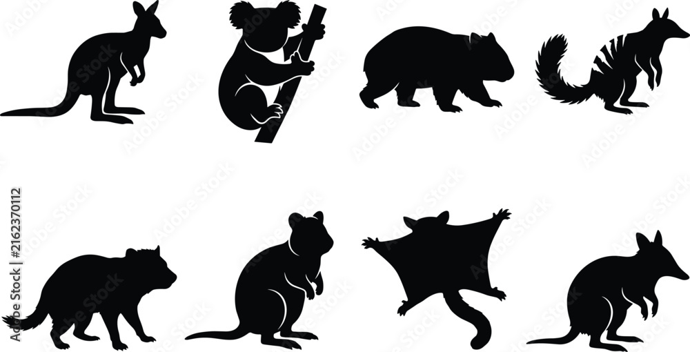 Fototapeta premium Australian Marsupial Animal Silhouette Collection with Kangaroo Koala Wombat Tasmanian Devil and Possum Set