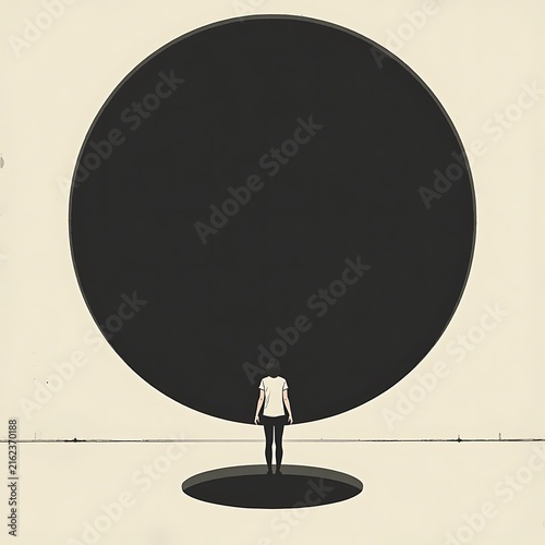 Small Person Facing an Enormous Black Circle Symbolizing Inner Abyss