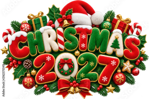 Festive 3D Christmas 2027 Greeting with Decorative Holiday Cookies and Seasonal Ornaments