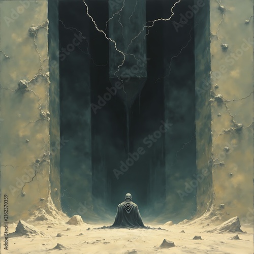 Fragile Seated Figure Crushed by a Descending Monolithic Shadow