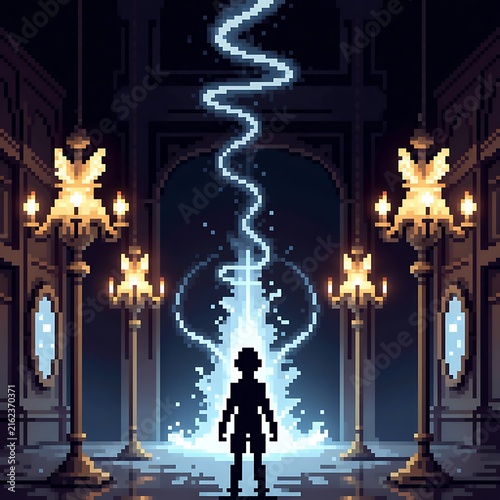 Mentally Stunned Figure in a Surreal Baroque Pixel Art Salon