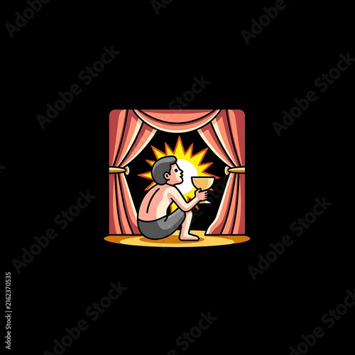 Person Dazzled by Glowing Light Among Curtains Chalices and Mirrors