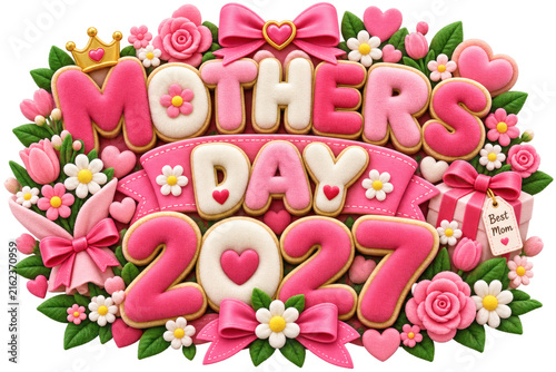 3D decorative graphic for Mother's Day 2027 featuring pink flowers, hearts, and ornamental bows on a plain white background