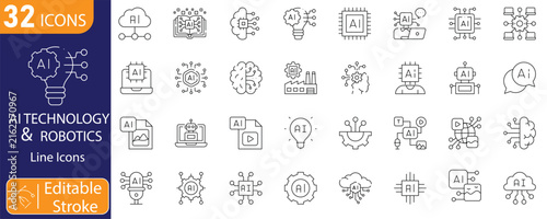 AI Technology & Robotics icons set. Includes artificial intelligence, robots, machine learning, automation, smart systems, humanoid robots, and advanced technology symbols. Editable stroke. Line icons
