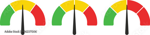 Three colorful gauges displaying different measurement levels with green, yellow, and red zones, indicating low, medium, and high status