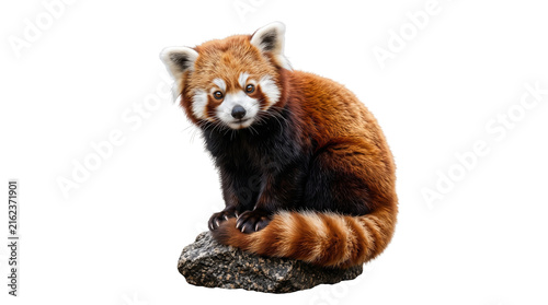 Red panda sitting on rock, fluffy lesser panda with striped tail, adorable wildlife animal portrait for nature education isolated PNG with Transparent Background