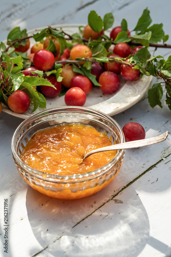 Принти на полотні Homemade mirabelle plum jam in glass bowl with fresh plums