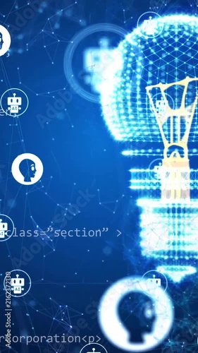 Animation of network of connections with icons over lightbulb and data processing