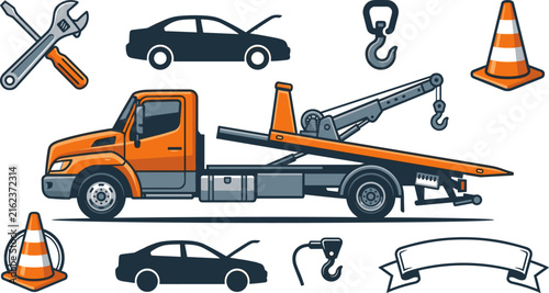 Tow truck with tools and cars during roadside assistance for vehicle repair and transport services