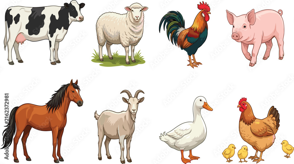 Fototapeta premium Cartoon of various farm animals standing isolated on white background horse