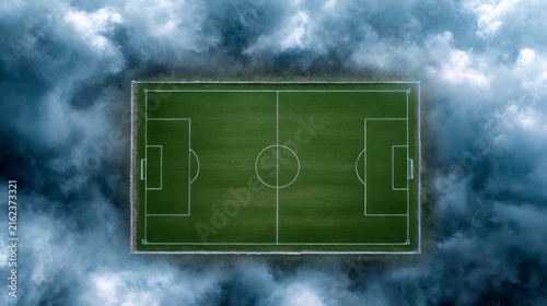 Soccer field aerial view amid dense surrounding clouds