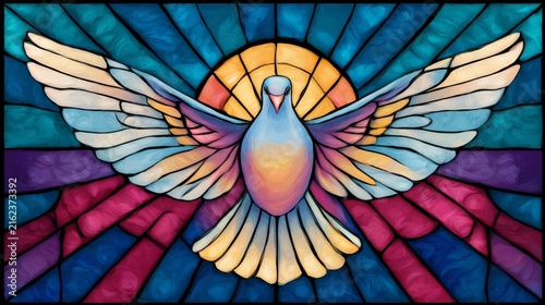 Dove stained glass panel with colorful sunburst background