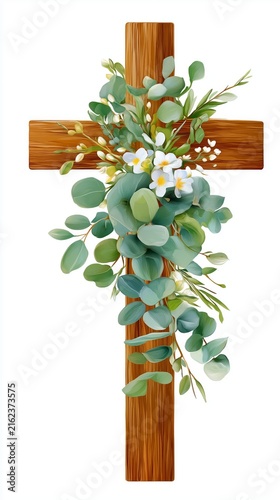 Wooden cross decorated with eucalyptus and white flowers