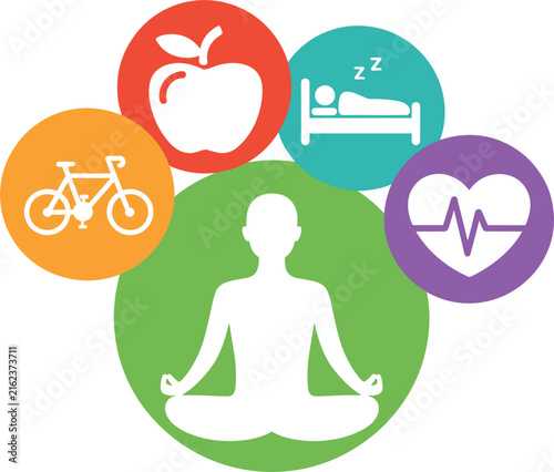 Healthy lifestyle icons set with meditating man, apple, bicycle, sleeping bed and heartbeat vector concept