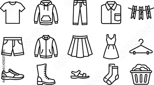 Clothing apparel footwear laundry icon set tshirt hoodie pants jacket dress shoes socks basket vector line art collection.