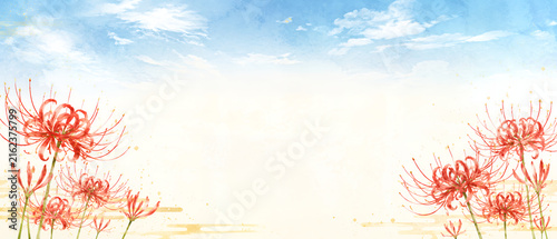 Tapety artystyczne 青空と赤い彼岸花を描いた秋彼岸の水彩風和風背景