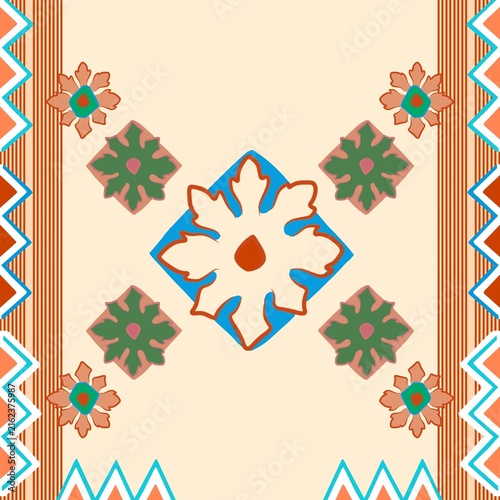 Boho Ethnic Rug Pattern Illustration in Warm Cream and Terracotta for Interior Decor