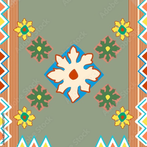 Organic Sage Green and Terracotta Boho Ethnic Rug Pattern Illustration for Japandi Decor