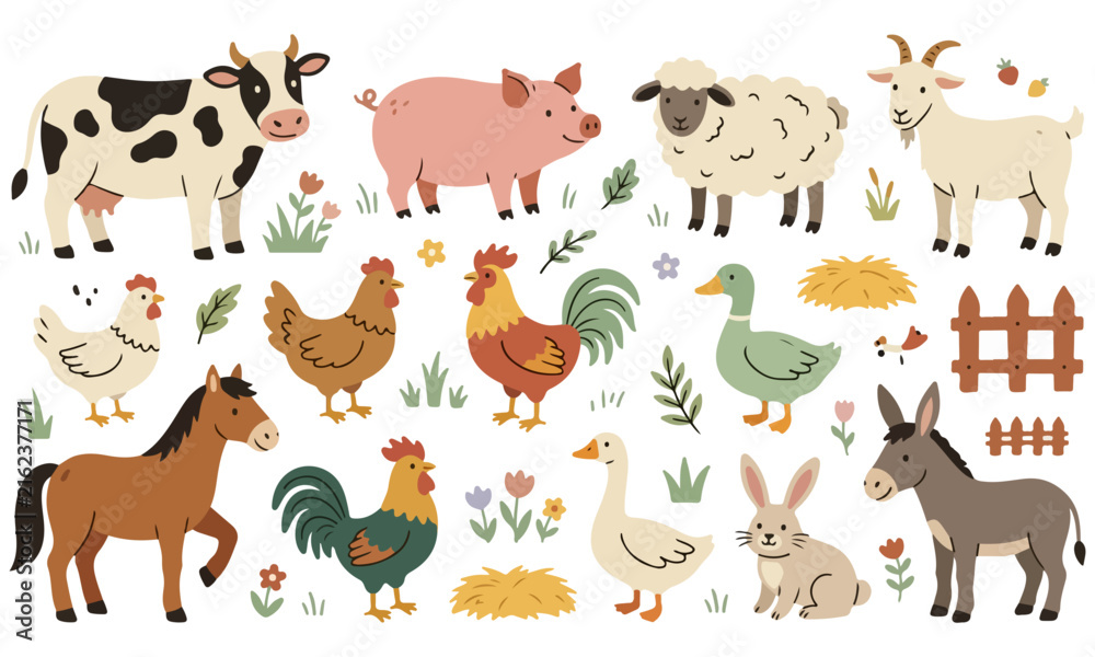 Fototapeta premium Cute farm animals set with cow, pig, sheep, goat, horse, chicken, rooster, duck, goose, rabbit, and donkey. Domestic animals vector illustration