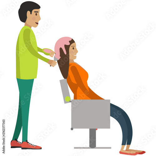 Bild auf Leinwand Male hairdresser colorist serving female client vector icon