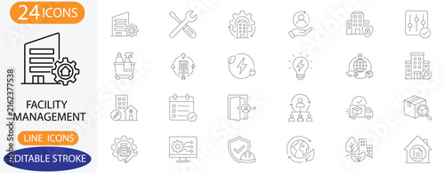 Facility Management and Property Maintenance Line Icons. Vector Building Service, Asset Operation, and Infrastructure Control Symbols with Editable Stroke.