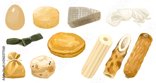 手描きの厚塗りで描いたおでんの具材イラストセット（大根・たまご・餅巾着・さつま揚げ・がんもどき・こんにゃく・ちくわぶ・ちくわ・ごぼう巻き・結び昆布・結びしらたき）