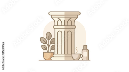 Architectural column with plant and bottle arrangement.