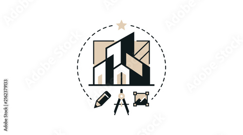 Architectural design icon with buildings and tools