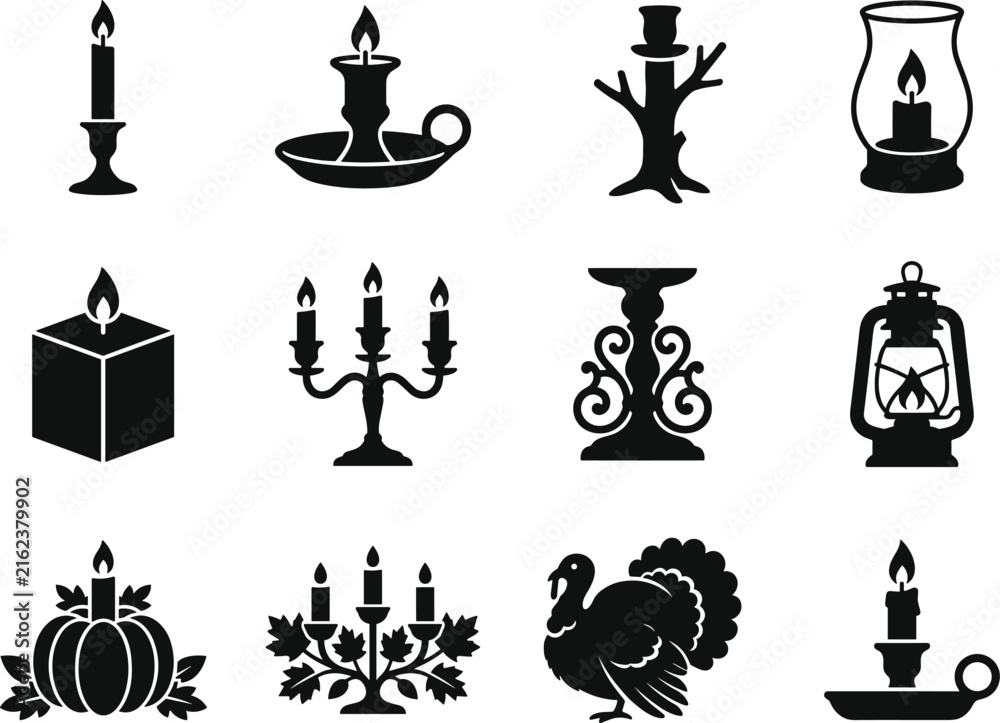 Naklejka premium Collection of black silhouette featuring various candle styles, holders, lanterns, and a thanksgiving turkey bird