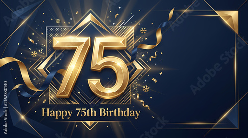 Luxurious golden number 75 birthday celebration on dark blue