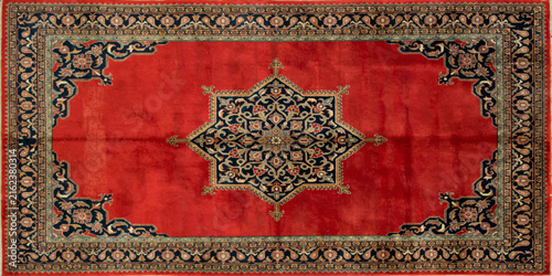 Traditional Thai Style Vintage Carpet Pattern with Ornamental Floral Border, Antique Oriental Textile Fabric Design in Red Ethnic Art Decor