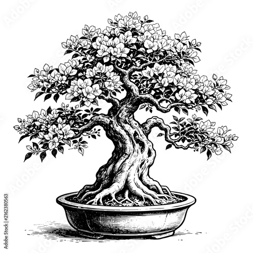 Bougainvillea bonsai tree featuring intricate branches and foliage  its massive trunk and spreading roots  Hand-drawn vintage engraving illustration